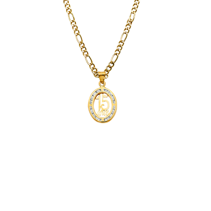 14k Quince Gold Necklace - Gemstone Oval 15 Años Gold Pendant - Solid Chain - LE2952