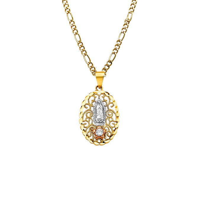 14k Gold Virgin Mary Necklace - Two Tone Filigrano Oval Gemstone Virgin Mary Gold Pendant - Solid Chain - LE2810