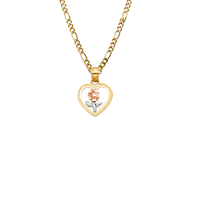 14k Gold Heart Necklace - Tri Tone Flower Gold Heart Pendant - Solid Chain - LE0395