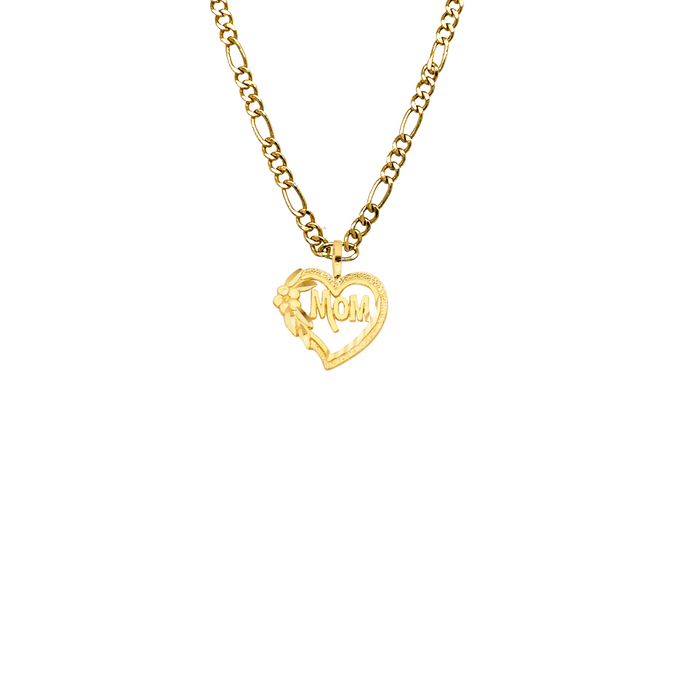 14k Gold Mom Necklace - Diamond Cut Flower Heart Mom Gold Pendant - Solid Chain - LE1838