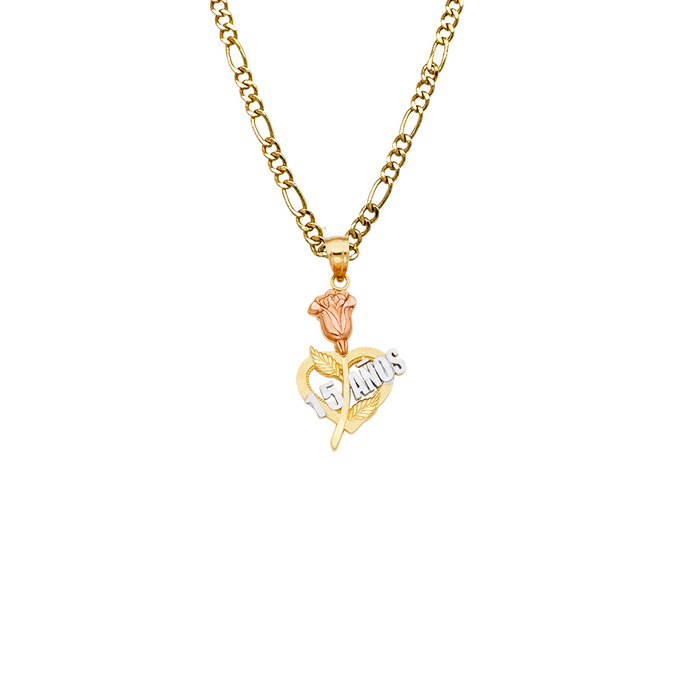14k Quince Gold Necklace - Tri Tone Rose Heart 15 Años Gold Pendant - Solid Chain - LE1913