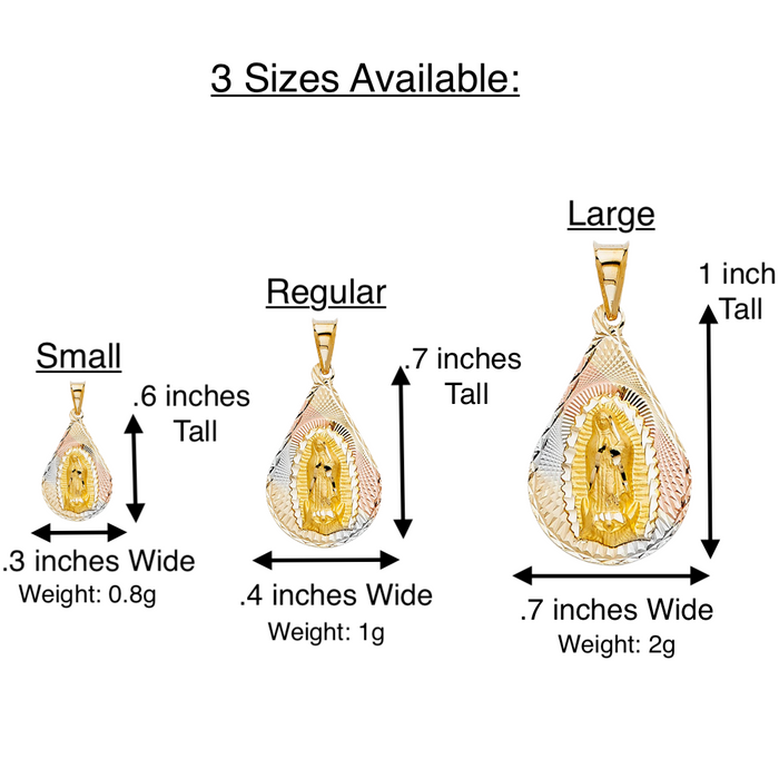 14k Gold Virgin Mary Necklace - Tri Color Diamond Cut Teardrop Virgin Mary Gold Pendant - Solid Chain - LE0342