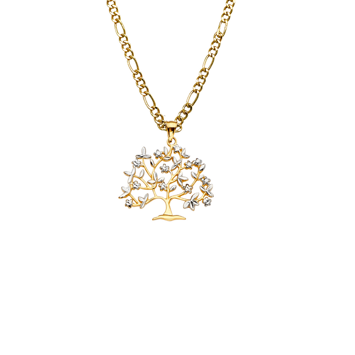 14k Gold Mom Necklace - Two Tone Family Tree of Life Gold Pendant - Solid Chain - LE2388