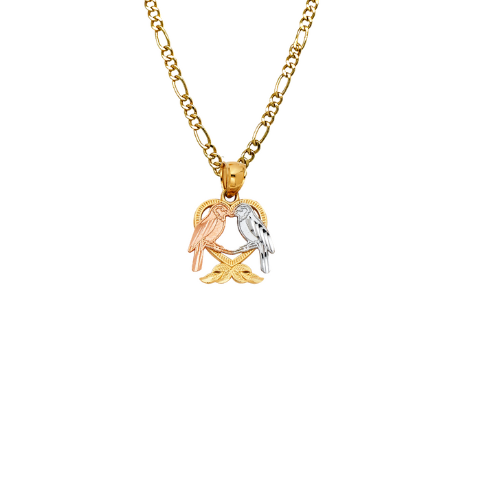 14k Gold Heart Necklace - Tri Tone Love Birds Gold Heart Pendant - Solid Chain - LE1949