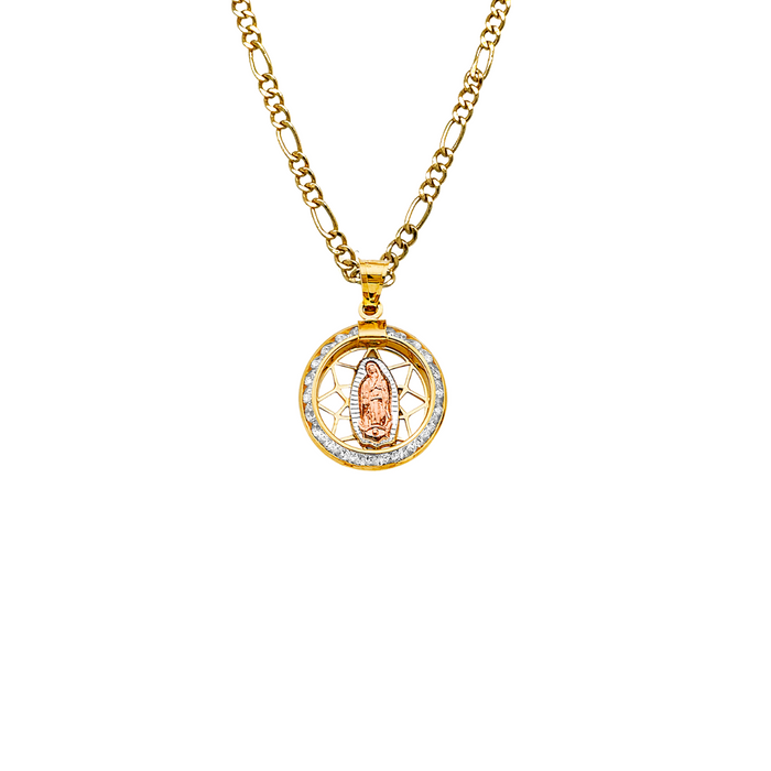 14k Gold Virgin Mary Necklace - Tri Tone Round Gemstone Virgin Mary Gold Pendant - Solid Chain - LE2725
