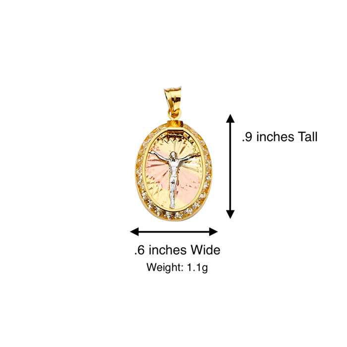 14k Gold Jesus Necklace - Tri Tone Oval Gemstone Jesus Gold Pendant - Solid Chain - LE2255
