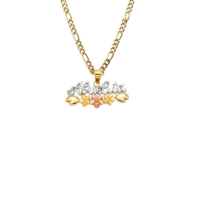 14k Gold Mom Necklace - Tri Tone Abuelita Flowers Gold Pendant - Solid Chain - LE2128