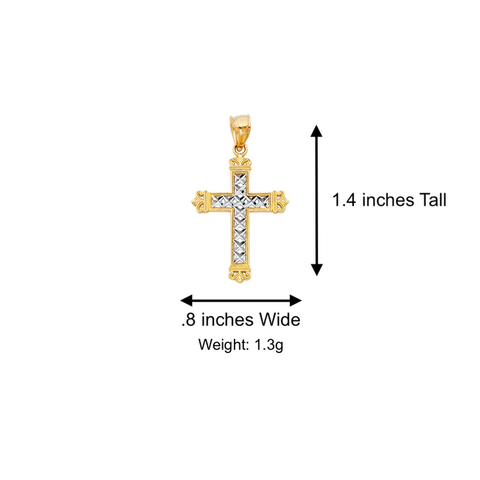 14k Gold Cross Necklace - Two Tone Fancy Gold Cross - Solid Chain - LE0116