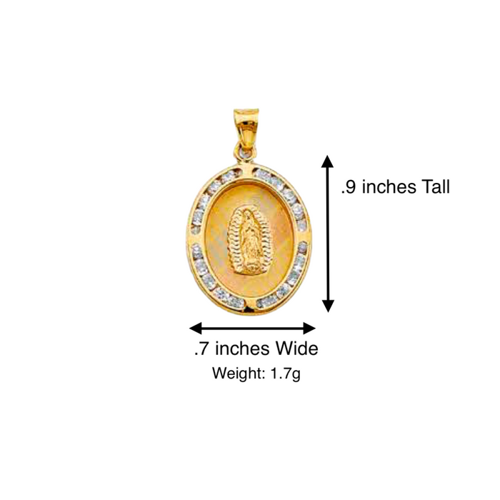 14k Gold Virgin Mary Necklace - Tri Tone Oval Gemstone Virgin Mary Gold Pendant - Solid Chain - LE1305