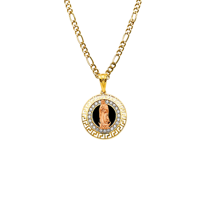 14k Gold Virgin Mary Necklace - Two Tone Black Stone Greek Design Bezel Virgin Mary Gold Pendant - Solid Chain - LE2814