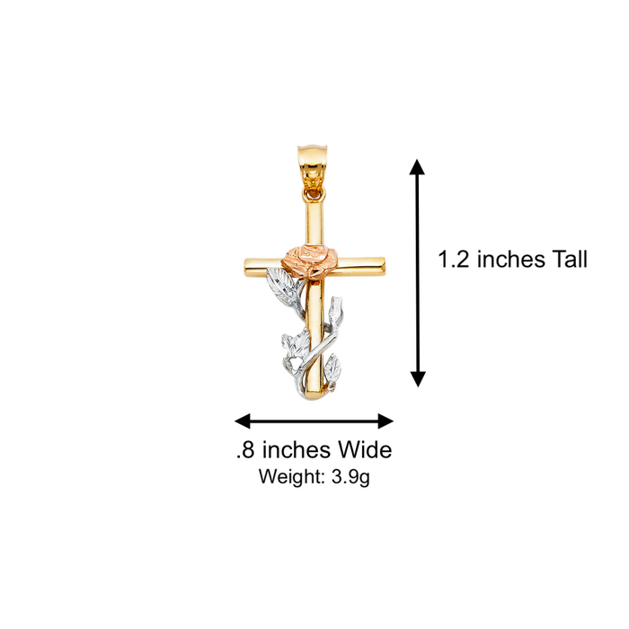 14k Gold Cross Necklace - Tri Tone Rose Flower Gold Cross - Solid Chain - LE1016