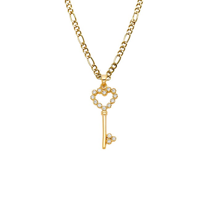 14k Gold Heart Necklace - Gemstone Heart Key Gold Pendant - Solid Chain - LE1723