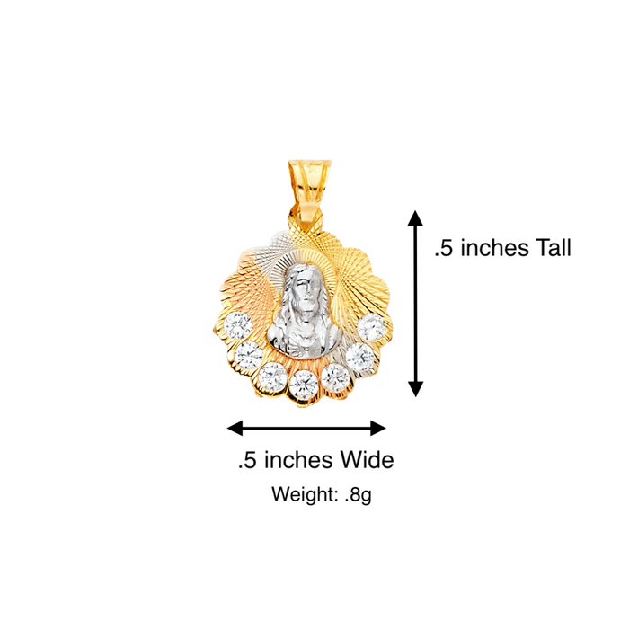 14k Gold Jesus Necklace - Tri Tone Gemstone Diamond Cut Sacred Heart Jesus Gold Pendant - Solid Chain - LE1300