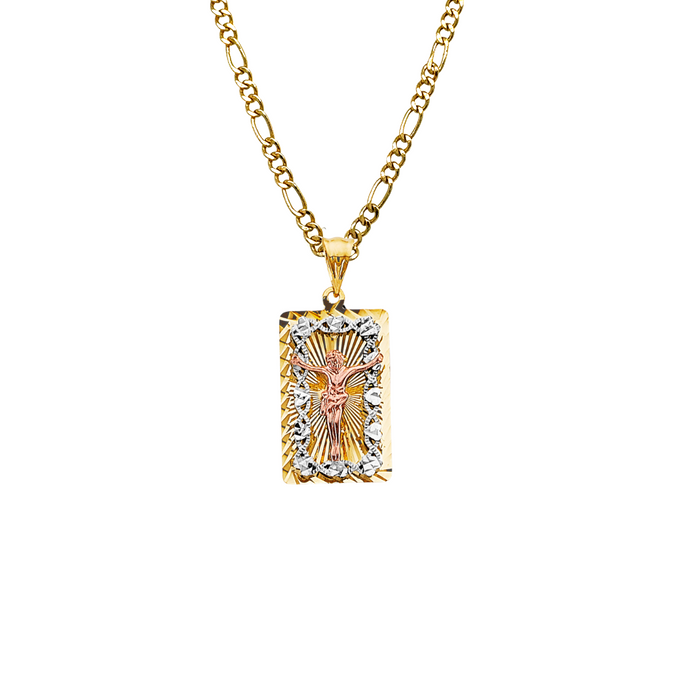 14k Gold Jesus Necklace - Tri Tone Diamond Cut Jesus Gold Pendant - Solid Chain - LE3209