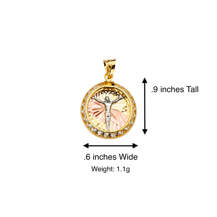 14k Gold Jesus Necklace - Tri Tone Round Gemstone Jesus Gold Pendant - Solid Chain - LE2257