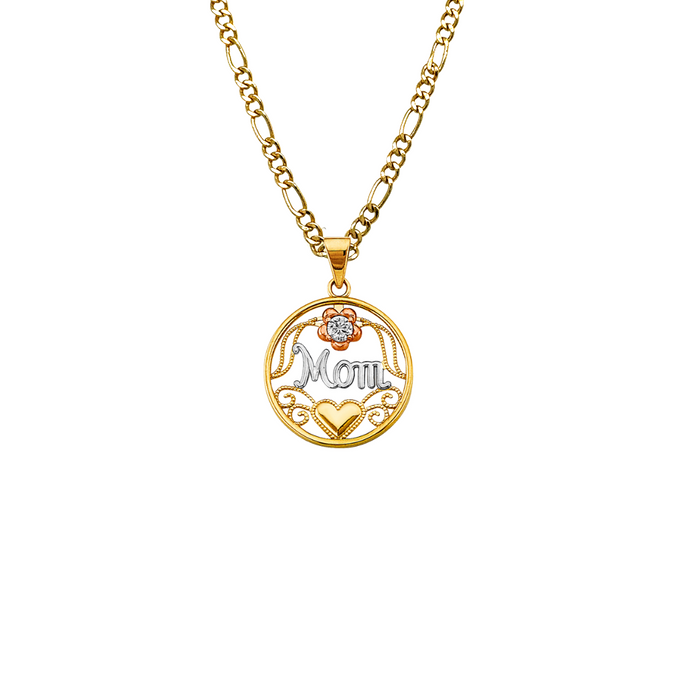 14k Gold Mom Necklace - Tri Tone Gemstone Flower Mom Gold Pendant - Solid Chain - LE2693