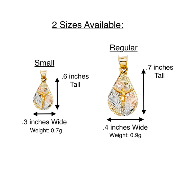 14k Gold Jesus Necklace - Tri Tone Teardrop Diamond Cut Jesus Gold Pendant - Solid Chain - LE0344