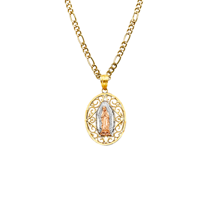 14k Gold Virgin Mary Necklace - Tri Tone Filigrano Oval Virgin Mary Gold Pendant - Solid Chain - LE2809