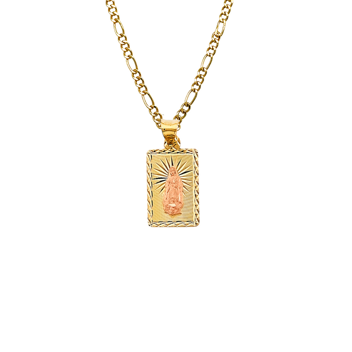 14k Gold Virgin Mary Necklace - Diamond Cut Rectangle Virgin Mary Gold Pendant - Solid Chain - LE2900