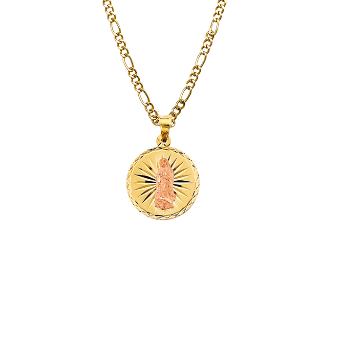 14k Gold Virgin Mary Necklace - Round Diamond Cut Virgin Mary Gold Pendant - Solid Chain - LE2897