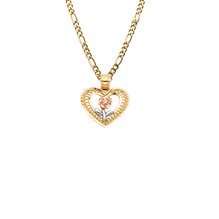 14k Gold Heart Necklace - Tri Tone Flower Gold Heart Pendant - Solid Chain - LE0396