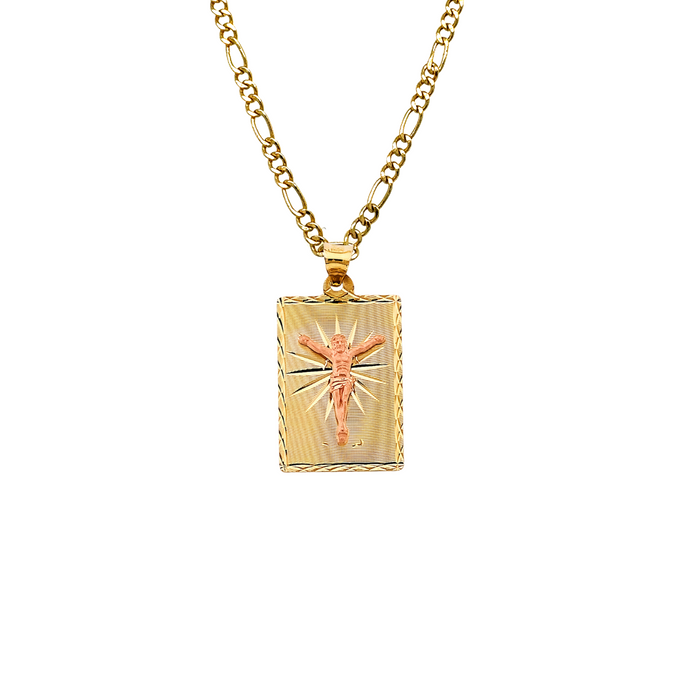 14k Gold Jesus Necklace - Diamond Cut Rectangular Jesus Gold Pendant - Solid Chain - LE2902