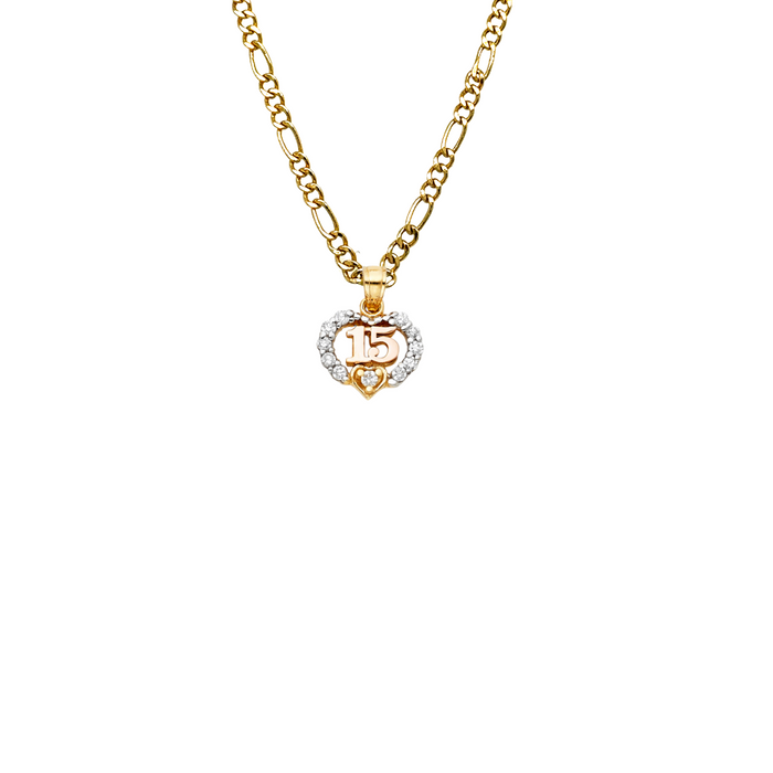 14k Quince Gold Necklace - Gemstone Heart 15 Años Gold Pendant - Solid Chain - LE0367