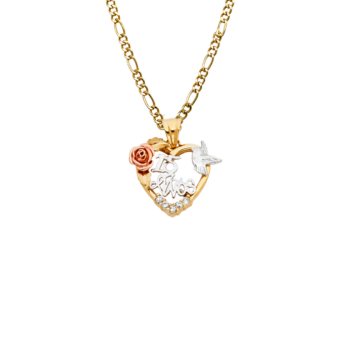 14k Quince Gold Necklace - Tri Tone Gemstone Heart Flower Dove 15 Gold Pendant - Solid Chain - LE1864