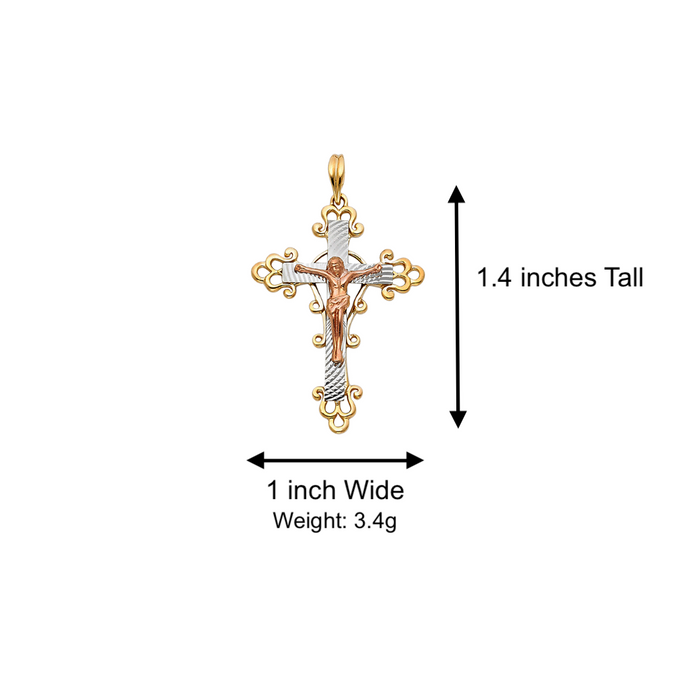 14k Gold Cross Necklace - Tri Tone Fancy Ornate Design Gold Crucifix - Solid Figaro Chain - LE0953