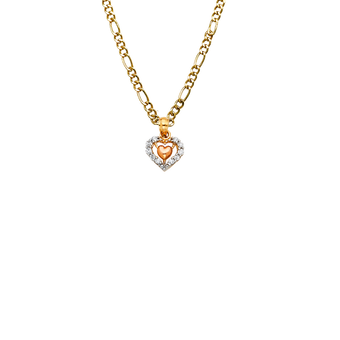 14k Gold Heart Necklace -  Two Tone Gemstone Double Gold Heart Pendant - Solid Chain - LE0439