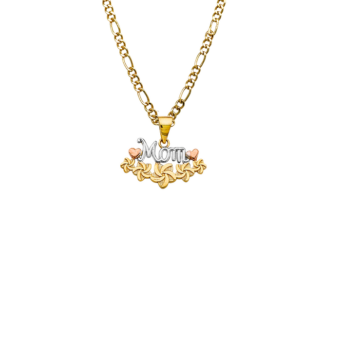 14k Gold Mom Necklace - Tri Tone Hearts Flower Mom Gold Pendant - Solid Chain - LE2697