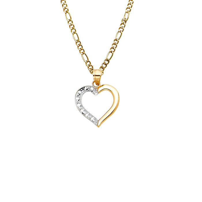 14k Gold Heart Necklace - Two Tone Diamond Cut Gold Heart Pendant - Solid Chain - LE0436