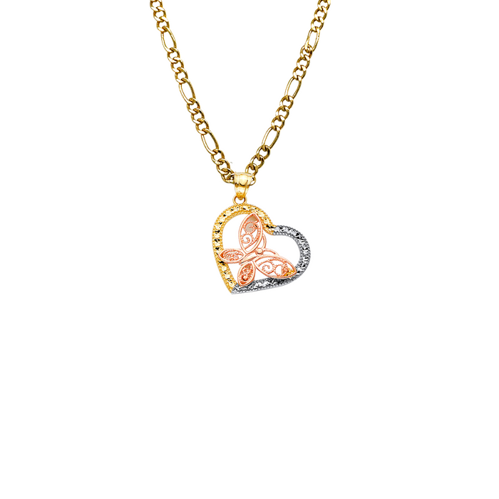 14k Gold Heart Necklace - Tri Tone Diamond Cut Butterfly Gold Heart Pendant - Solid Chain - LE2545