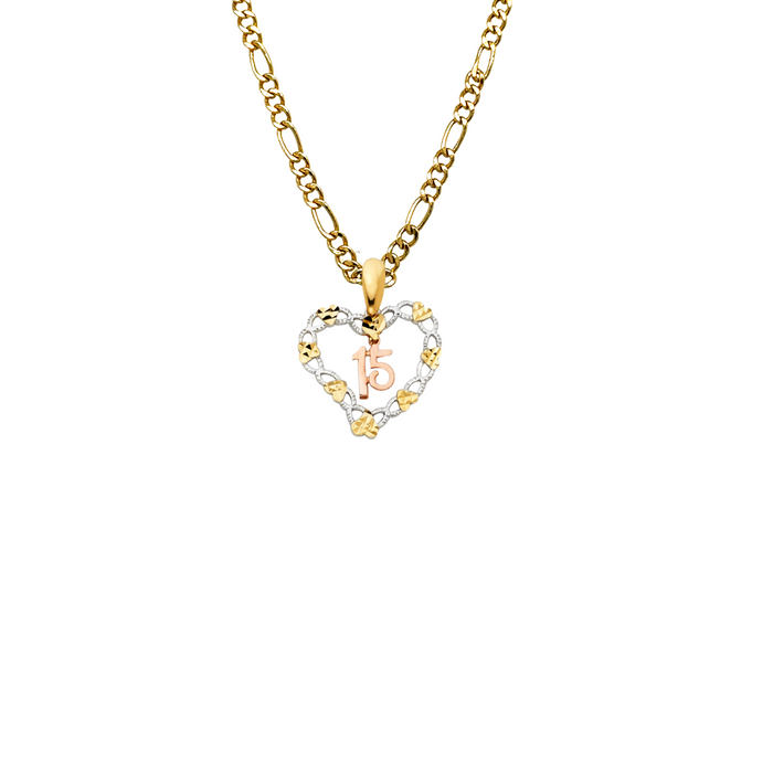 14k Quince Gold Necklace - Tri Tone Heart 15 Gold Pendant - Solid Chain - LE1876