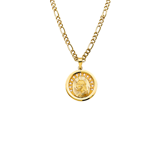14k Gold Jesus Necklace - High Polish Round Jesus Gold Pendant - Solid Chain - LE3058