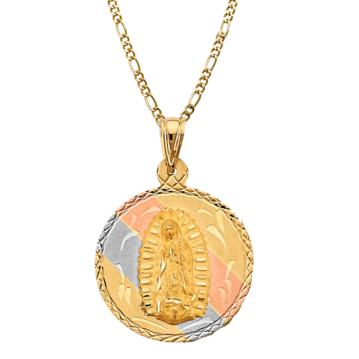 14k Gold Virgin Mary Necklace - XLarge Tri Tone Double Sided Virgin Mary Sacred Heart Gold Pendant - Solid Chain - LE3143