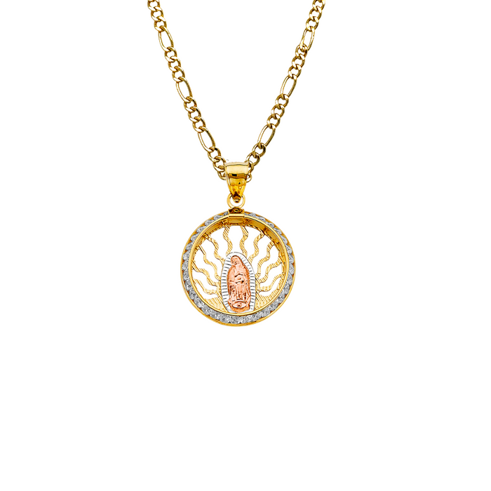 14k Gold Virgin Mary Necklace - Tri Tone Gemstone Virgin Mary Gold Pendant - Solid Chain - LE2723