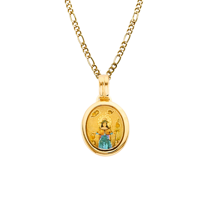 14k Gold Santo Nino de Atocha Necklace - Oval Colored Gold Pendant - Solid Chain - LE3139
