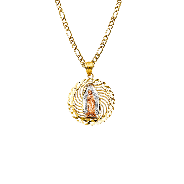 14k Gold Virgin Mary Necklace - Tri Tone Round Filigrano Virgin Mary Gold Pendant - Solid Chain - LE2813