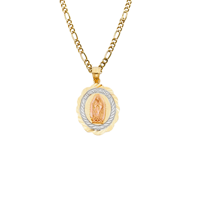 14k Quince Gold Necklace - Tri Tone Virgin Mary Mis 15 Años Gold Pendant - Solid Chain - LE1899