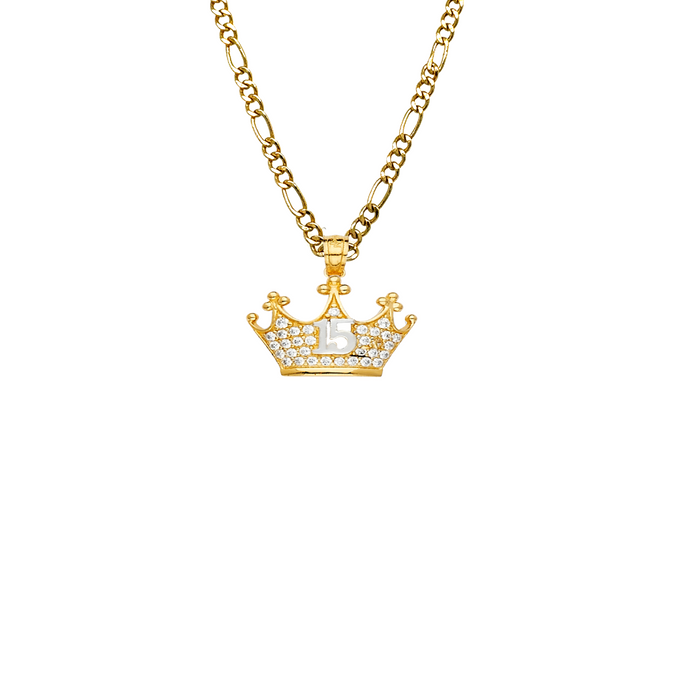 14k Quince Gold Necklace - Gemstone Crown 15 Gold Pendant - Solid Chain - LE2146