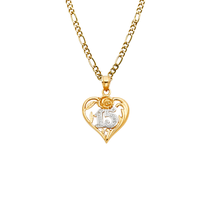 14k Quince Gold Necklace - Two Tone Heart 15 Gold Pendant - Solid Chain - LE1873
