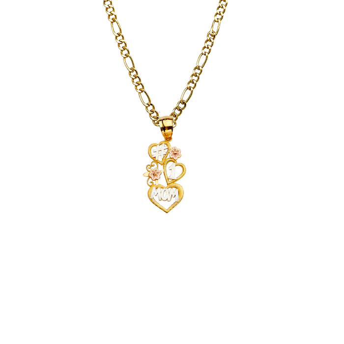 14k Gold Mom Necklace - #1 Mom Three Hearts Tri Tone Gold Pendant - Solid Chain - LE2389