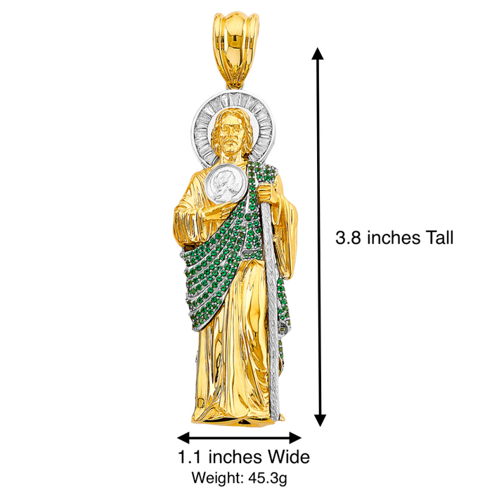 14k Gold San Judas Chain - XXLarge 3D Full Body Green Gemstone Gold San Judas Pendant - Solid Chain - LE3169