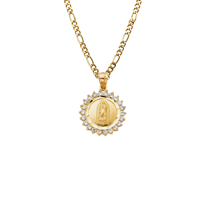 14k Gold Virgin Mary Necklace - Gemstone Bezel Virgin Mary Gold Pendant - Solid Chain - LE1377