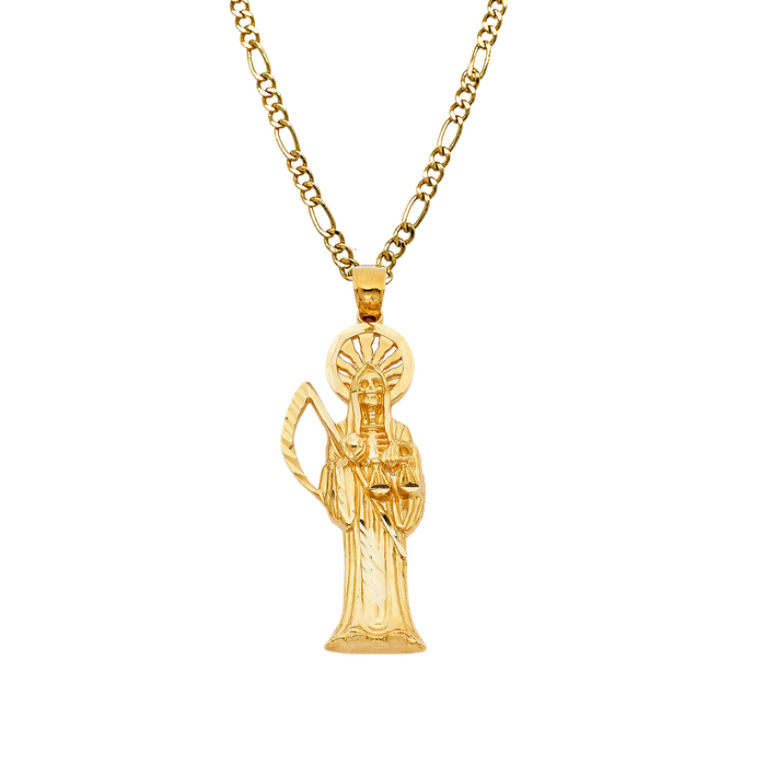 14k Gold Santa Muerte Necklace - Diamond Cut Santa Muerte Gold Pendant - Solid Chain - LE1157