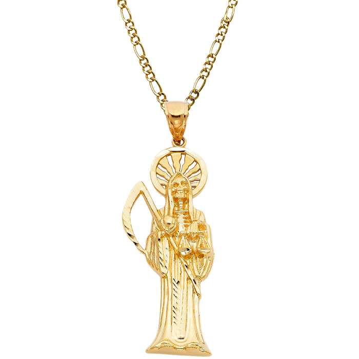 14k Gold Santa Muerte Necklace - XLarge Diamond Cut Santa Muerte Gold Pendant - Solid Chain - LE1156
