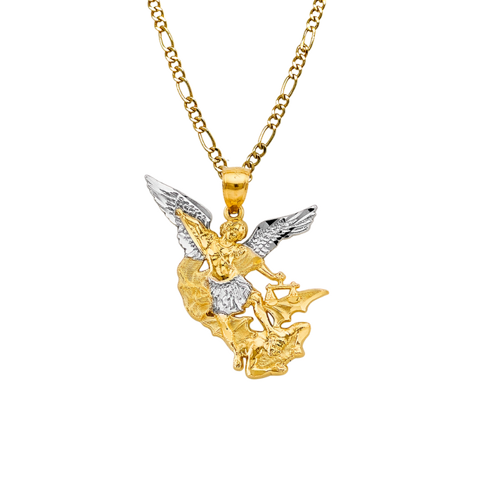 14k Gold Saint Michael Pendant - Two Tone Archangel Gold Pendant - Solid Chain - LE2777