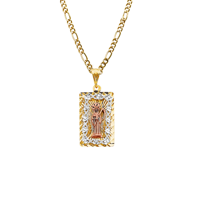 14k Gold Santa Muerte Necklace - Tri Tone Diamond Cut Santa Muerte Gold Pendant - Solid Chain - LE3211