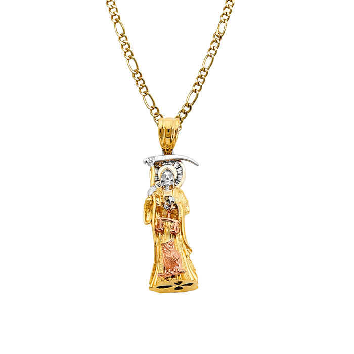 14k Gold Santa Muerte Necklace - 3D Full Body Gemstone Halo Santa Muerte Gold Pendant - Solid Chain - LE3010
